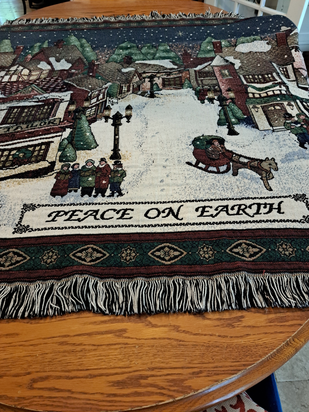 Vintage Green and Red 'Peace On Earth' Holiday Throw Blanket
